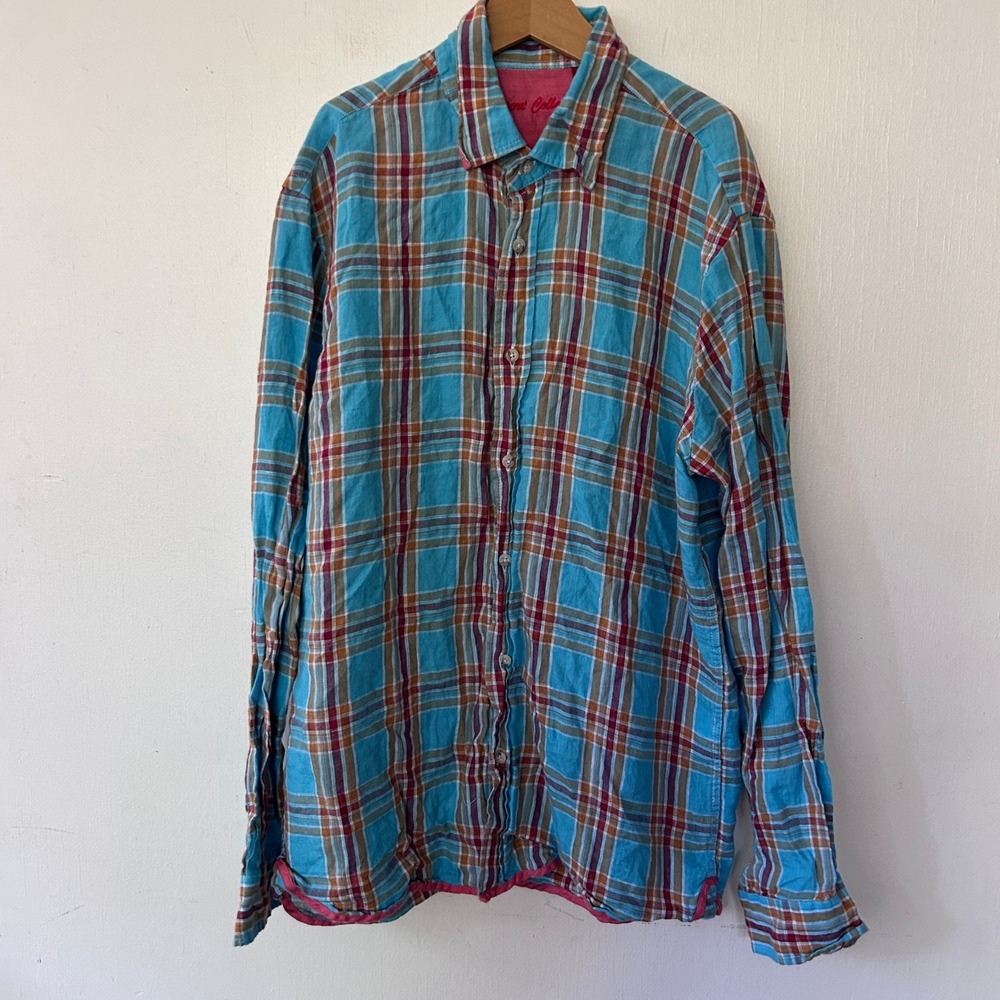 Report Collection Linen Button Down Mens Medium Blue Plaid Long Sleeve Coastal